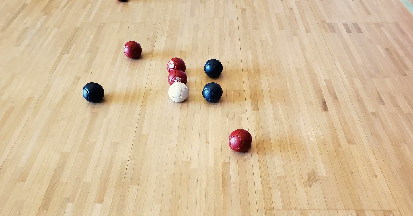 床に並んだボッチャのボール